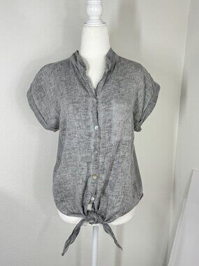 Meo Meli Top Short Sleeve Gray Linen Tie Front Mixed Media